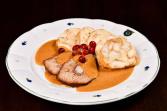 Creamed candied pork with homemade Carlsbad dumplings and cranberries